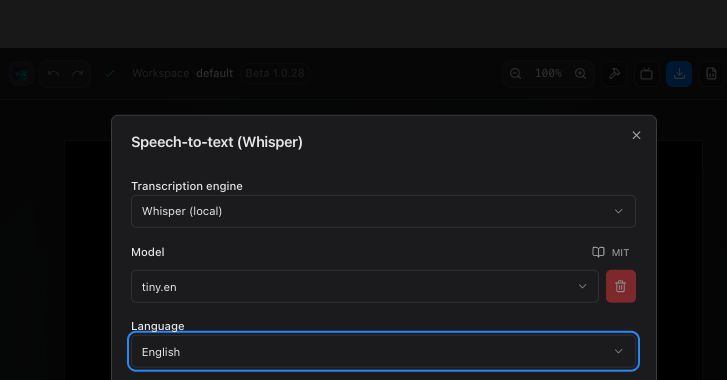 Whisper speech-to-text settings with English selected